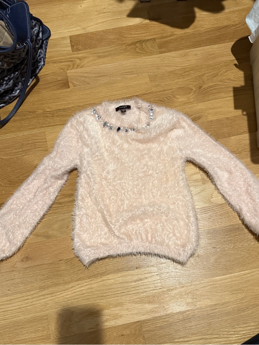 Girls’ size 4 Imoga Pale Pink fuzzy Sweater with Jeweled Neckline - VGUC